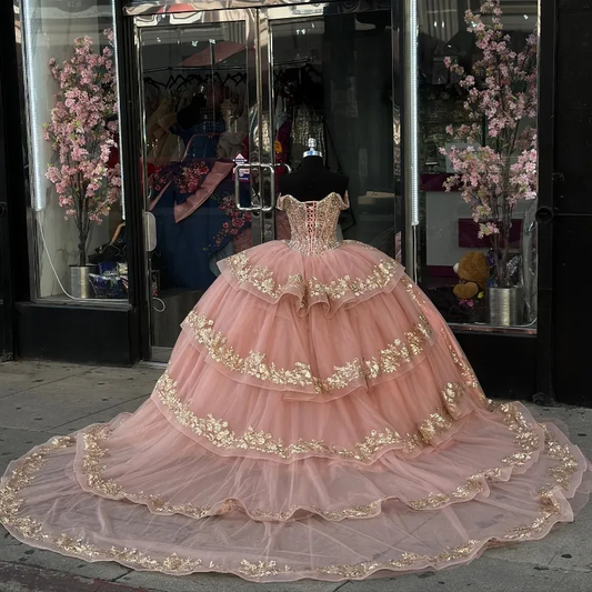 Pink Princess Quinceanera Dress with Off Shoulder Ball Gown