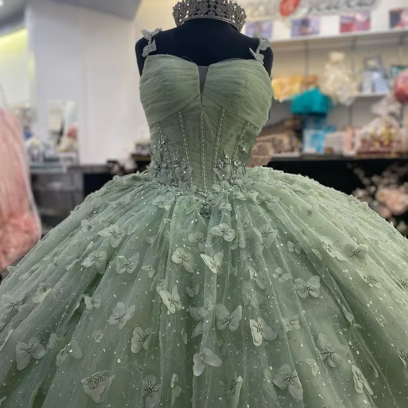 3D Butterfly Quinceanera Dresses Sage Green Ball Gowns with Crystal Corset