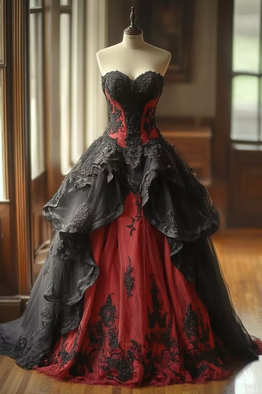 Ball Gown Black Red Corset Applique Lace Ruffle Evening Dress