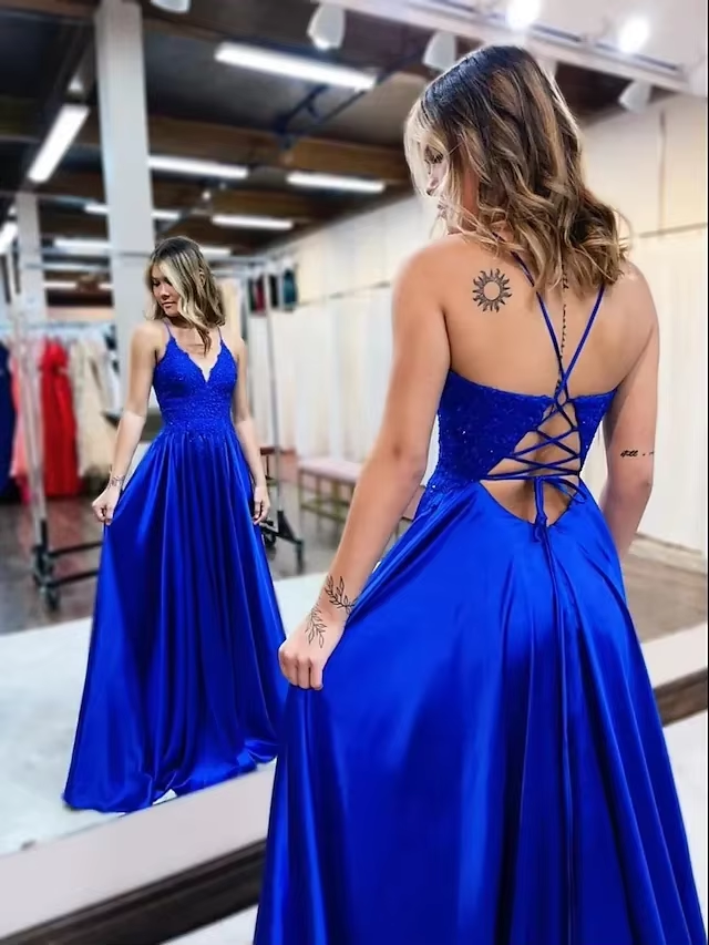 Elegant long a line satin prom dresses v neck split formal gown with lace appliques