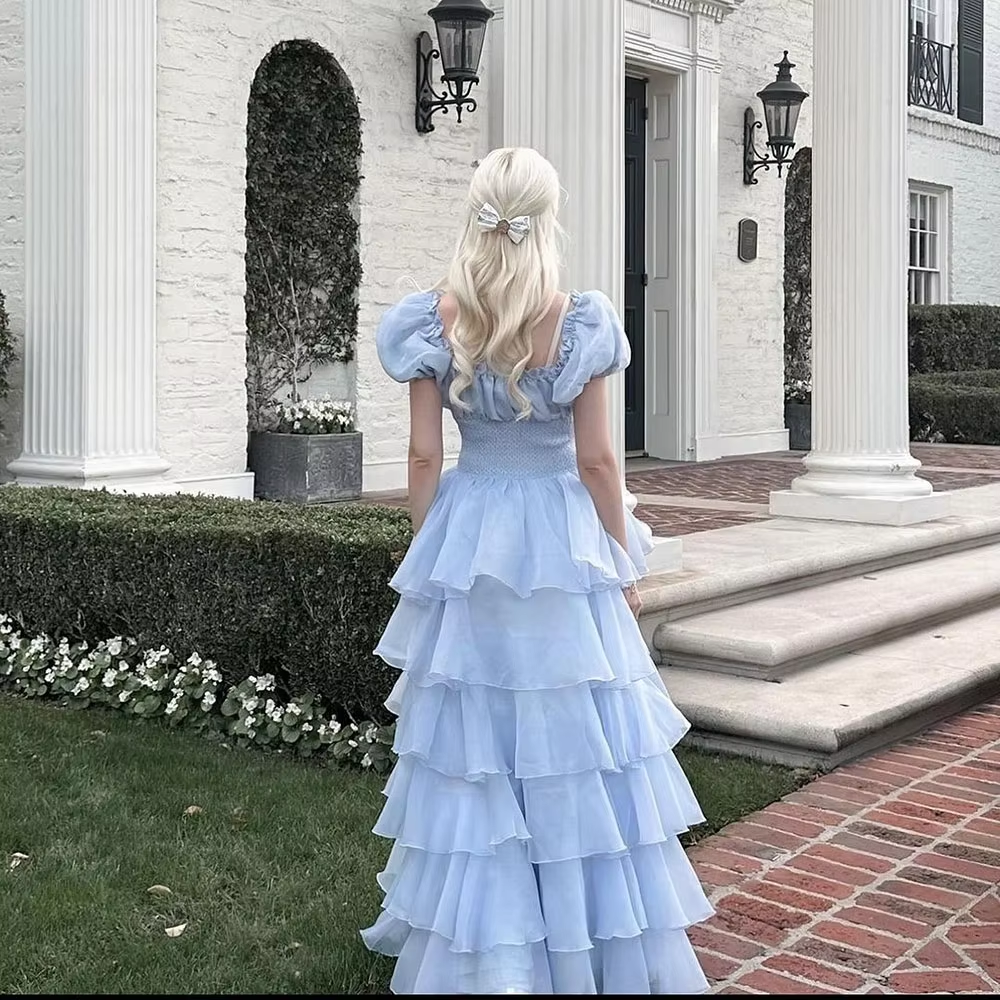 Sky Blue Tiered Skirt Prom Dress Puff Short Sleeves Formal Party Evening Gown