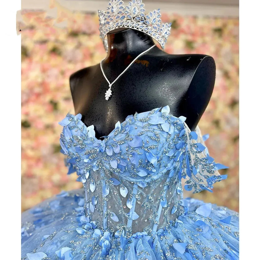 Sparkly Sky Blue Quinceanera Dress Ball Gown Appliques Beading Sequins Sweet 15 16 Dress