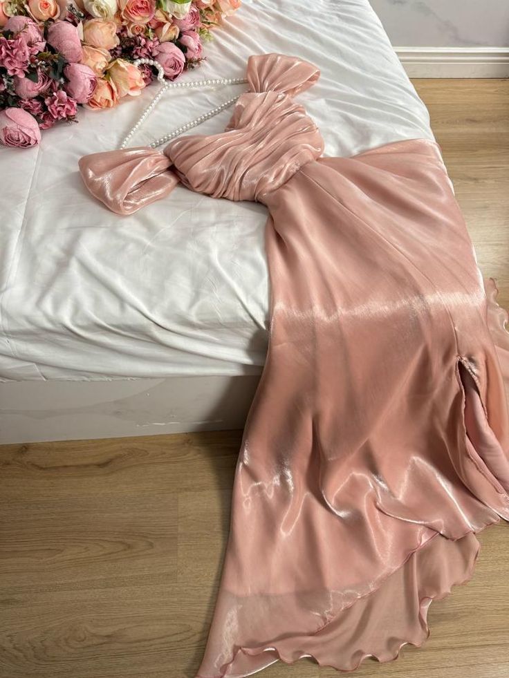 Modest A Line Strapless Silk Satin Long Pink Prom Dress Evening Gown