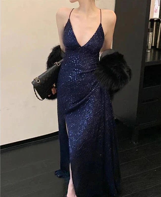 Womens Navy Sequined Slitted Spaghetti Strap V Neck Full Length Formal Gown Dress