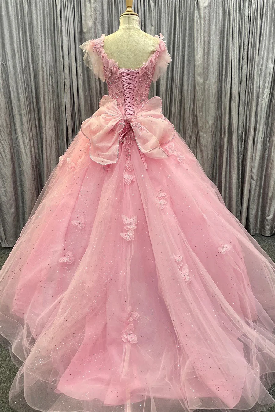 Pink Tulle 3D Floral Lace Bow Back Ball Gown with Flutter Sleeves