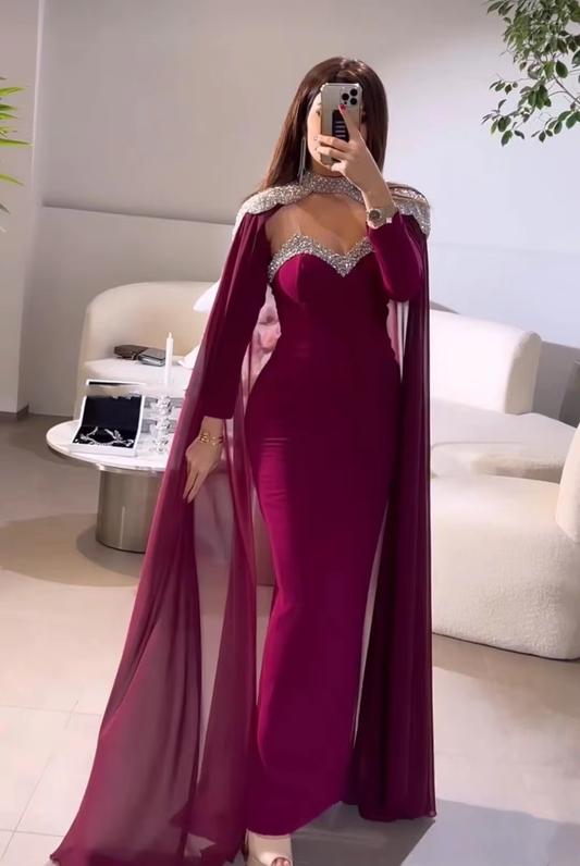 Elegant Middle East Prom Dresses with Chiffon Cape Spaghetti Straps Long Sleeve Evening Gowns Formal Occasion Party Dress