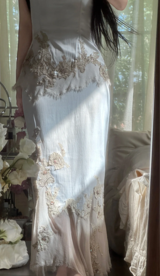 Vintage White Satin Appliques Chiffon Mermaid Long Birthday Prom Dress Party Gown