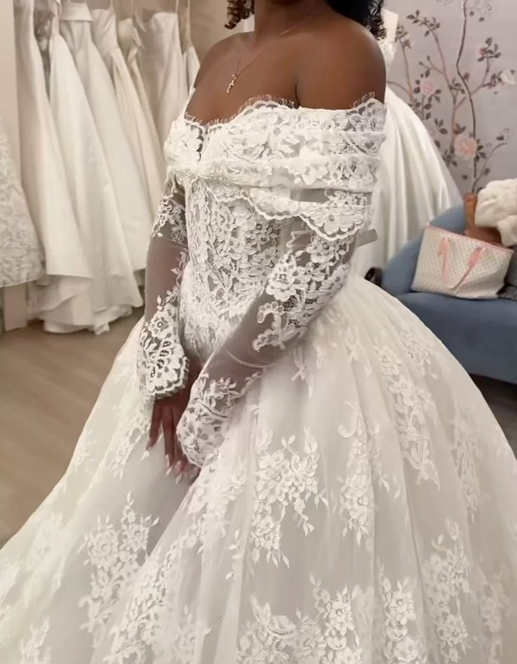 Off Shoulder Lace A Line Wedding Dress Long Sleeves Lace Bridal Gown