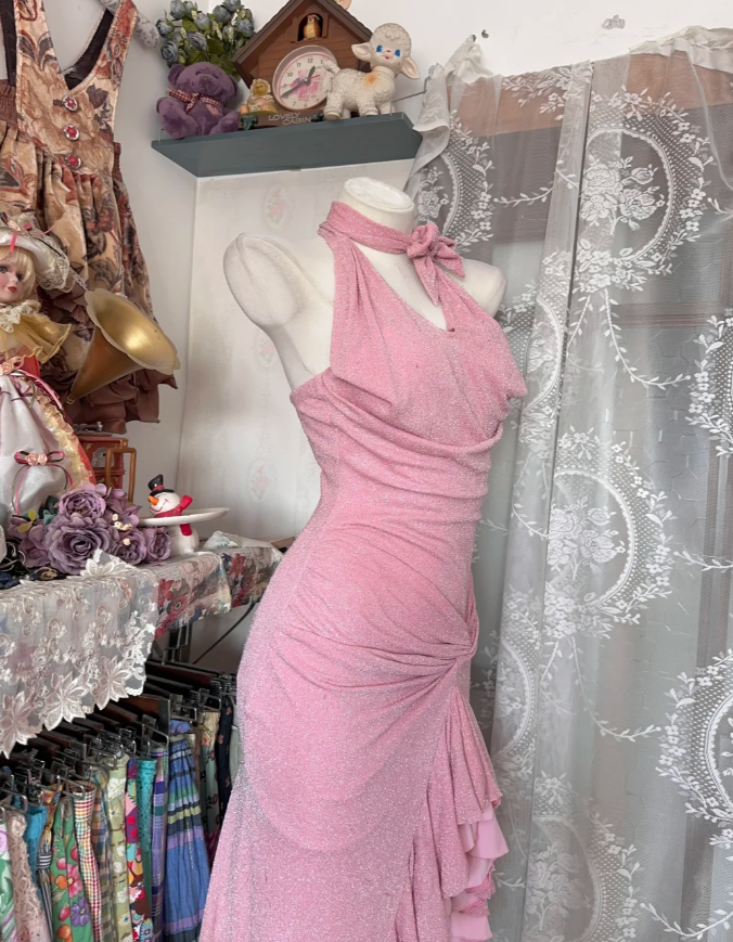 Classy Pink Halter Satin Ruffles Mermaid Long Party Dress 20th Birthday Outfits SP1718