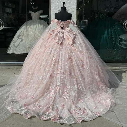 Light Pink Quinceanera Dress Off Shoulder Lace Appliques Ball Gown