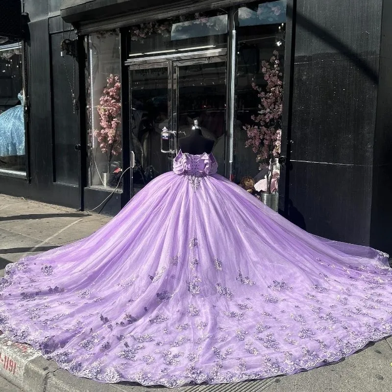 Ball Gown Luxury Off Shoulder 3D Floral Quinceanera Dress in Lilac