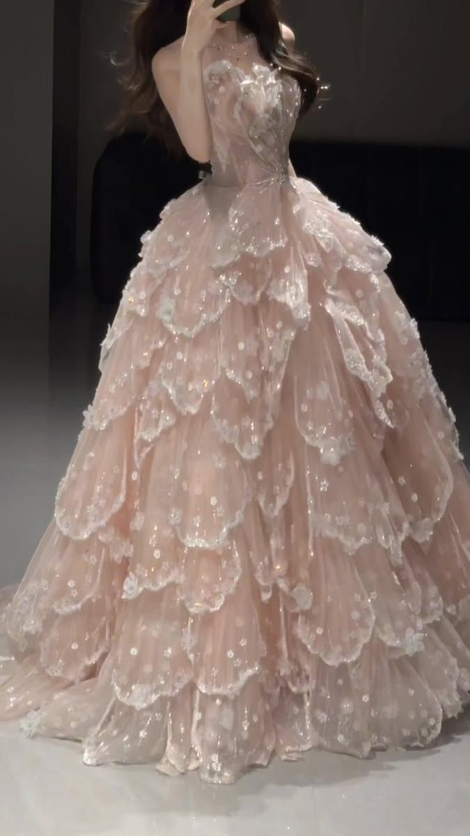 Glamorous Strapless Ball Gown Pink Tulle Sequin Layered Long Evening Dress Birthday Party Gown