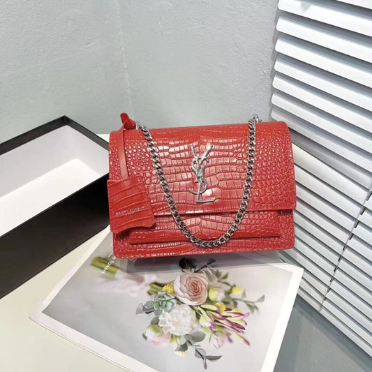 Saint Laurent Sunset Embossed Leather Bag Red 22Cm