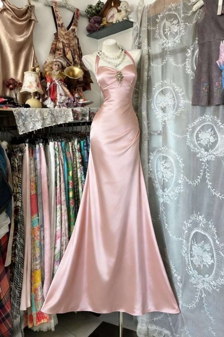 Vintage Pink Halter-Neck Satin Mermaid Prom Dress Beaded Evening Gown TP5808