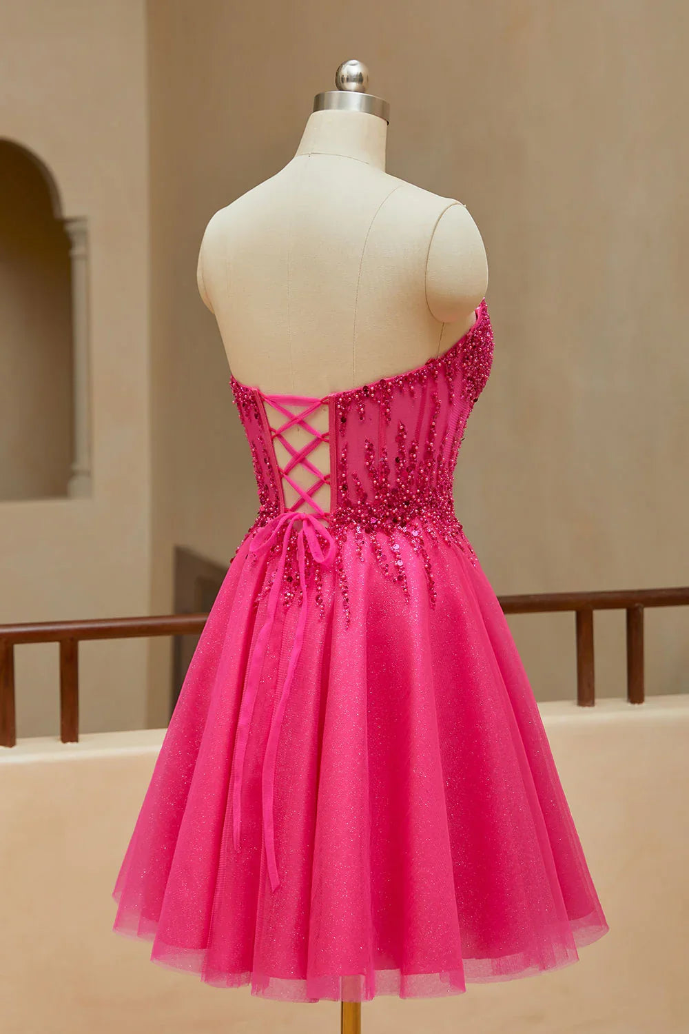 A-line sheer V-neck beaded strapless short mini back to school dress