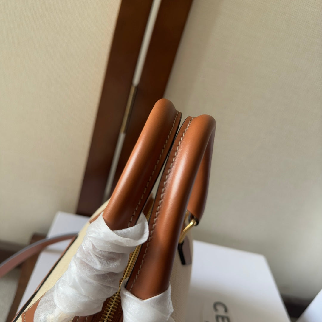 CELINE SMALL BOSTON CUIR TRIOMPHE IN TEXTILE AND CALFSKIN TAN