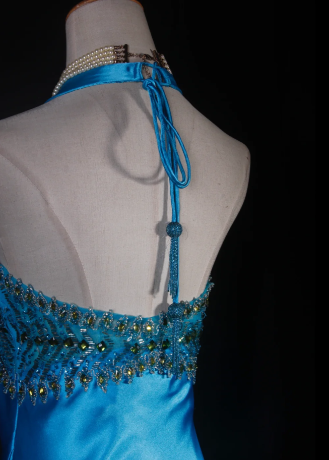 Elegant Halter V Neck Satin Beaded Prom Dress Blue Mermaid Slit Long Party Gowns