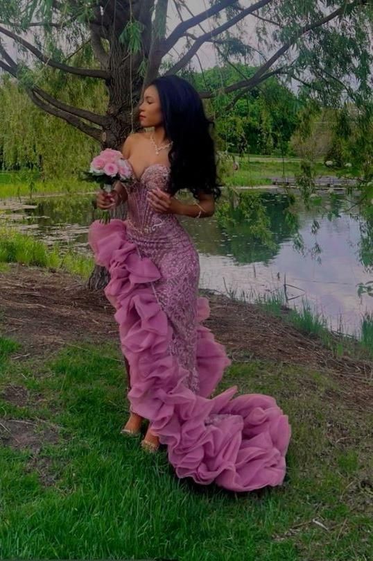 Sexy Mermaid Ruffles Slit Long Evening Gown Formal Prom Dress