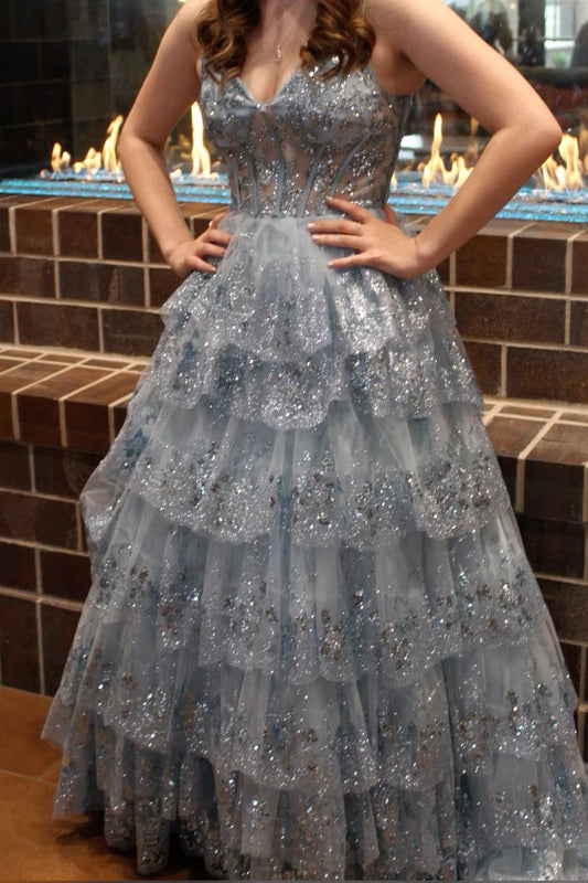 girlhomeshops-Gray/Blue Long Princess Sparkling Sequined Long Tulle Prom Dress Graduation Dress gh5925