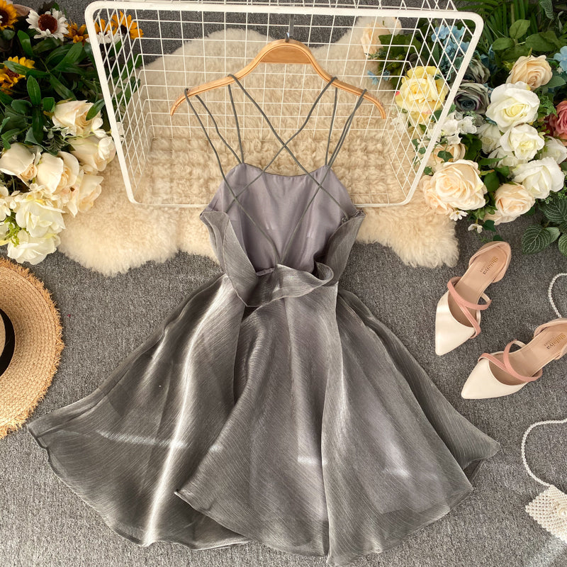 Gray Tulle Short Dress A Line Backless Dress 10817