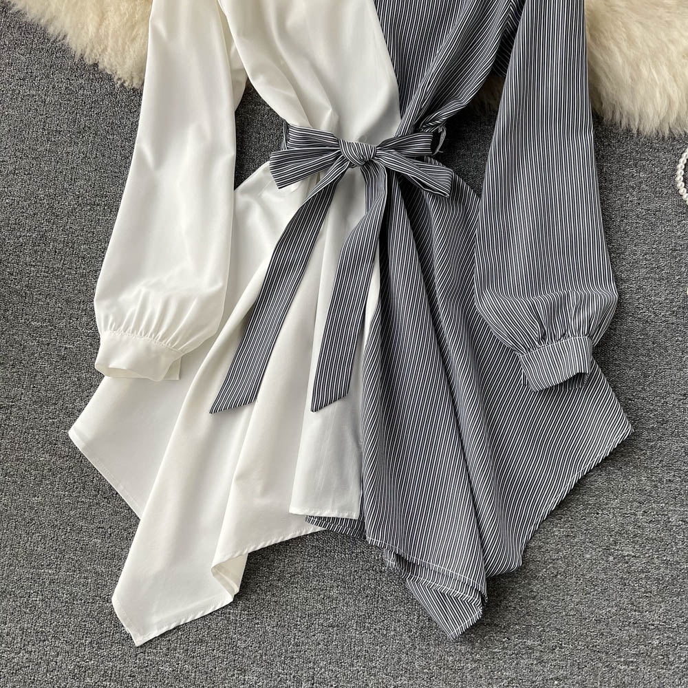Fashionable Striped Long-Sleeved Irregular Dress 10752