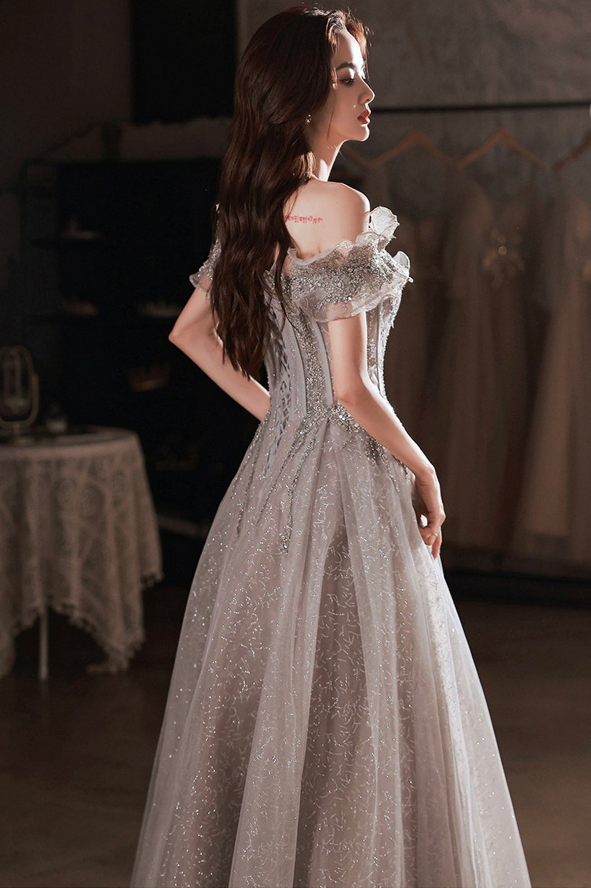 Gray tulle sequins long prom dress A line evening dress 10627