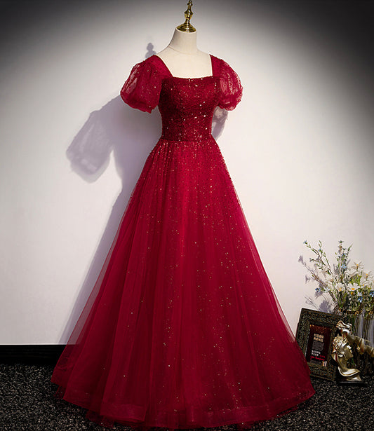 Burgundy tulle beads long ball gown dress formal dress 10142