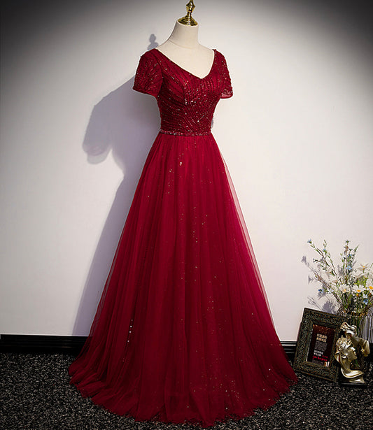 Burgundy tulle beads long ball gown dress formal dress 10141