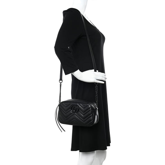 Gucci Calfskin Matelasse Monochrome Small GG Marmont Chain Shoulder Bag Black