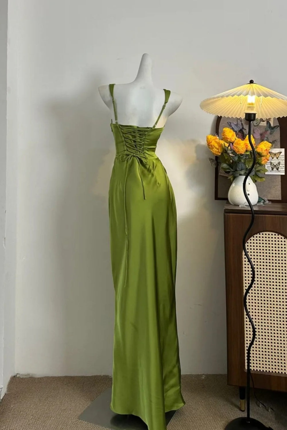 girlhomeshops-Olive Green Satin Spaghetti - Strap Prom Dress girl dress gh5844