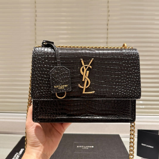 Saint Laurent Sunset Medium Chain Bag In Crocodile-Embossed Black 22Cm 442906DND0J1000