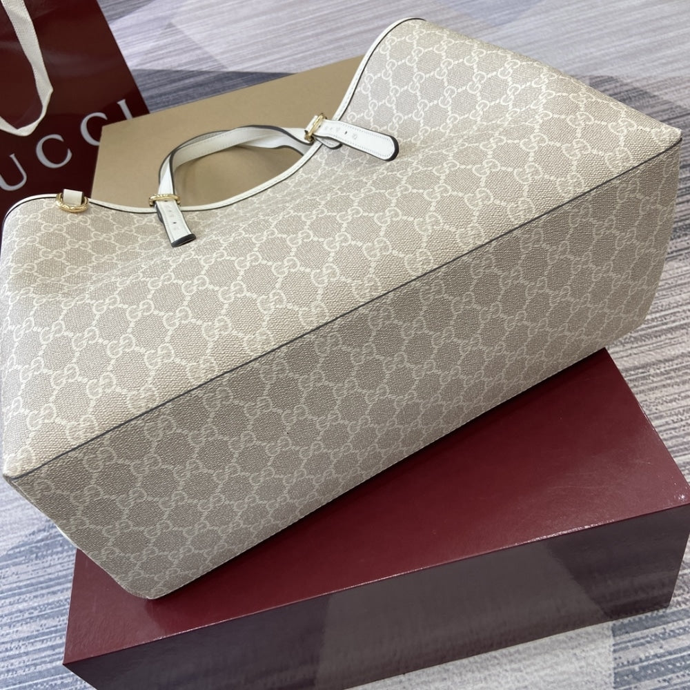 Gucci GG Emblem Large Tote Bag Beige And White GG Monogram Coated Fabric 38Cm 815213 FAD6L 9641