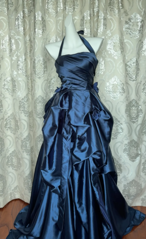 Vintage Navy Blue Strapless Satin Long Ball Gown Evening Dress cc5287