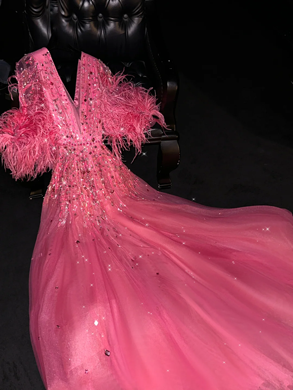 Pink V-neck fitted waist long ball gown/bridal dress R8741