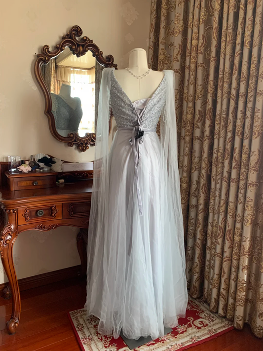 Haze Blue V-Neck Waist-Cinched Elegant Prom Gown, Evening Formal Dress gh7242
