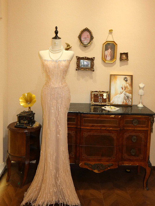 Light pink strapless fitted waist bodycon long wedding dress R6575