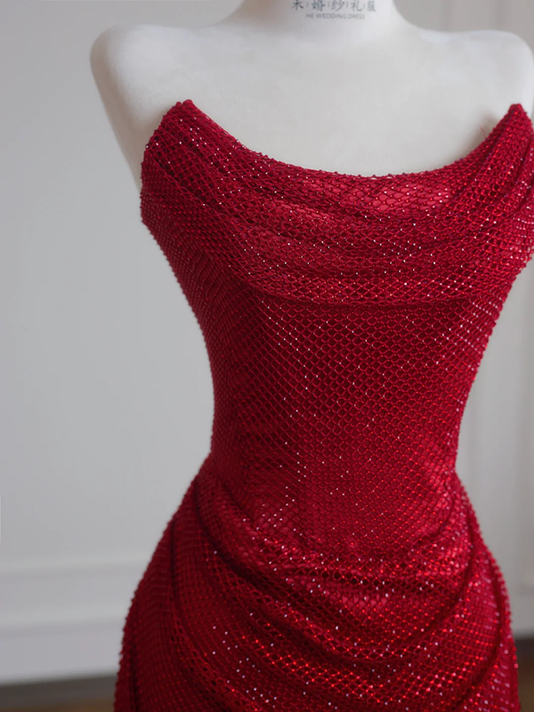 Deep red strapless fitted waist bodycon long sexy ball gown/bridal dress R8235