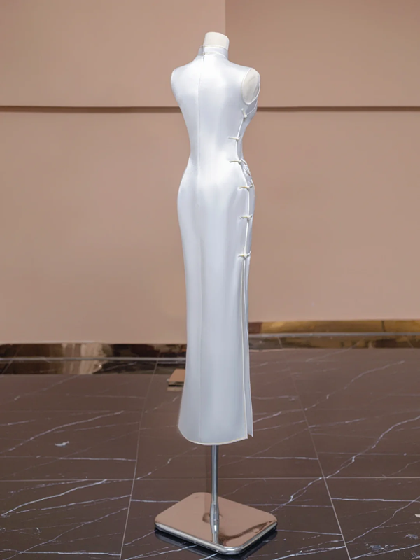 White Chinese-style cheongsam, fitted waist, long ball gown, bridal dress R8285