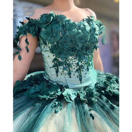 Green Quinceanera Dresses Off Shouder Beads Appliques Ball Gown Sweet 16 Dress