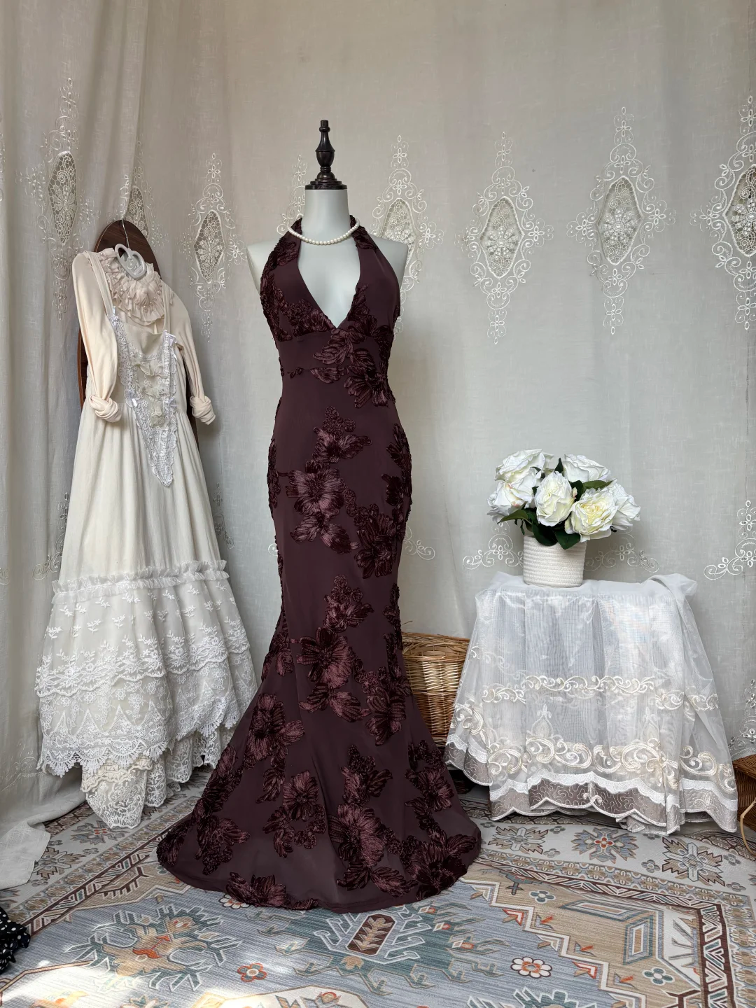 Retro Brown Halter Neck Fitted Hip Hugging Sexy Evening Gown gh7142
