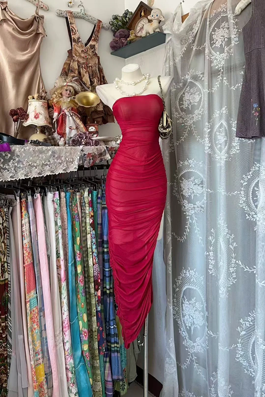Red strapless fitted waist slim-fitting sexy long ball gown R7802