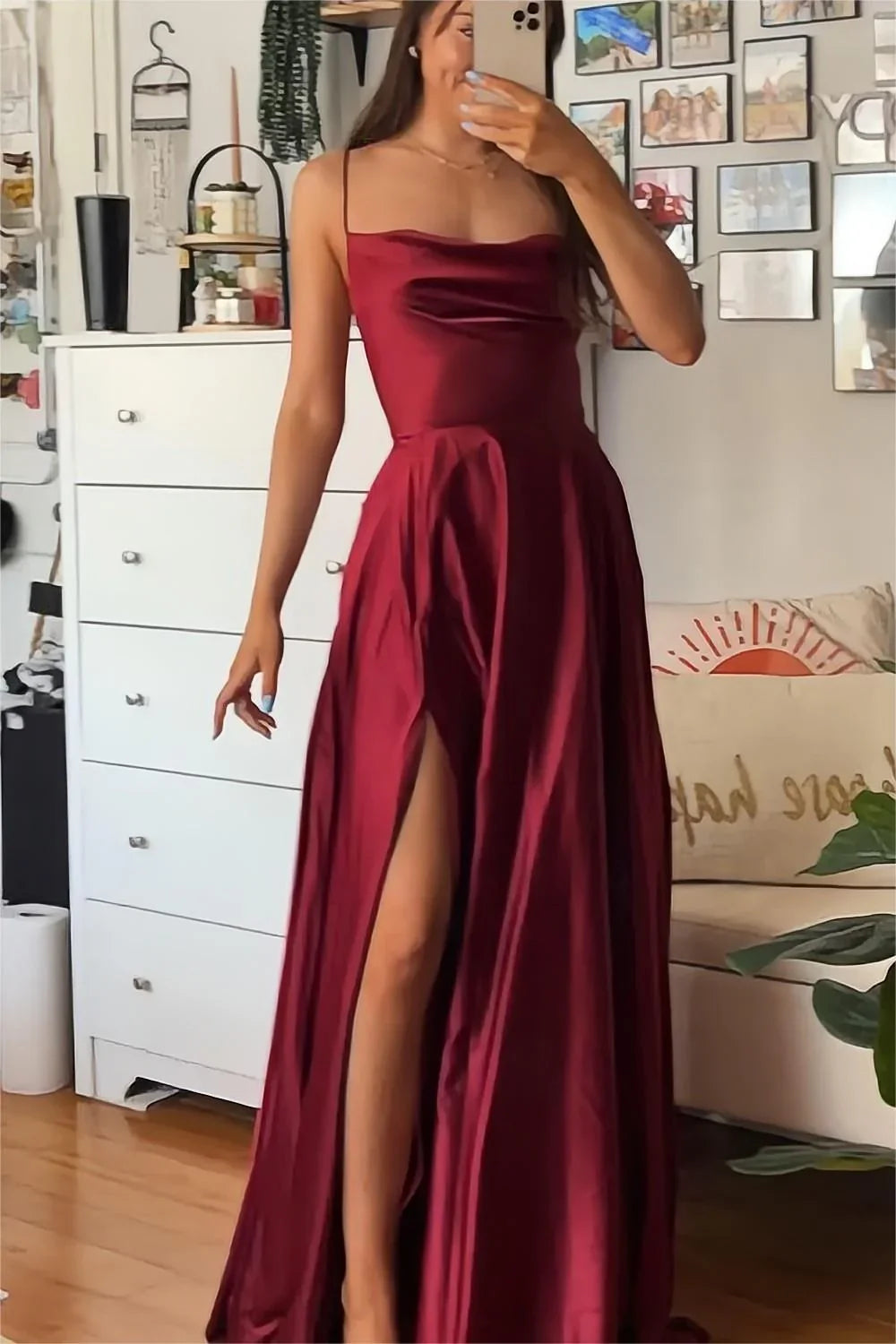 front slit A-line thin shoulder strap wine red long Prom dress