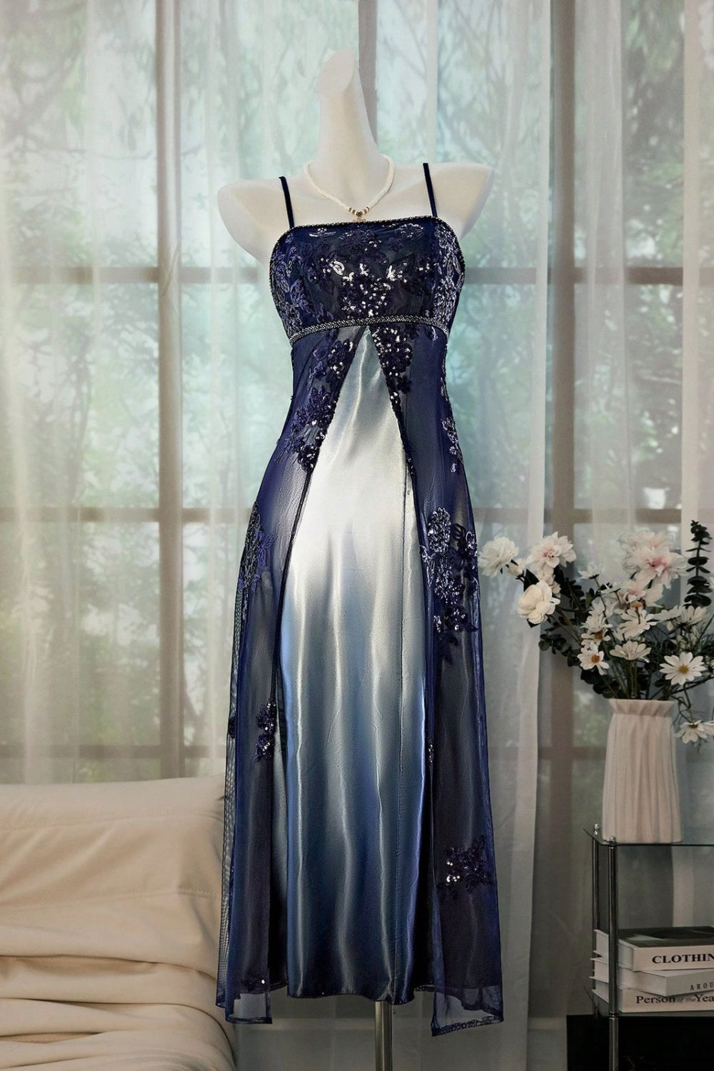 Navy Blue Gradient Sequin Camisole Gown: Lace Embroidery, Sheer Panel, Evening High-end Maxi Dress gh6607