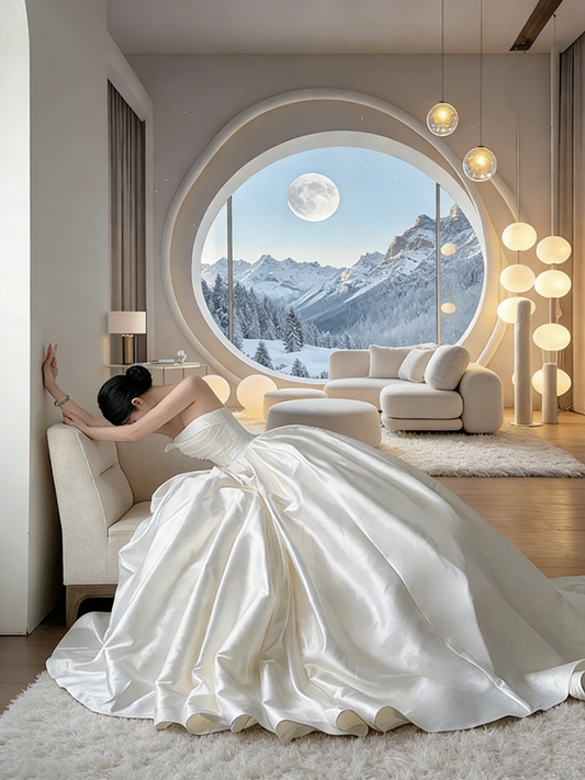 White strapless, fitted waist, long ball gown with a full skirt, suitable for both balls and wedding dresses R8028
