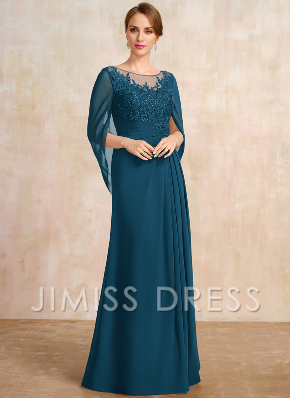 A-shaped Scoop Illusion floor lace chiffon with sequins and pleats, mother of the bride dress