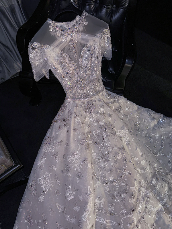 Silver sequined round neck fitted waist long ball gown/bridal dress R8772