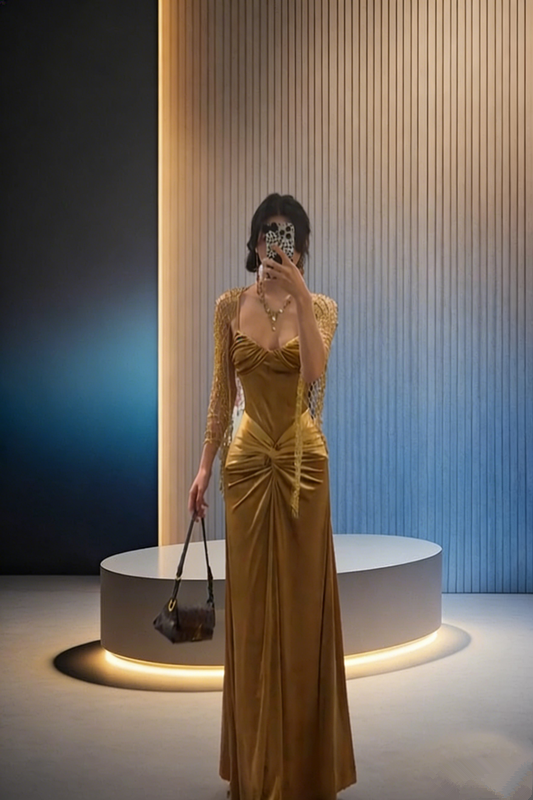 Gold, fitted, bodycon, sexy, long, elegant ball gown R8041