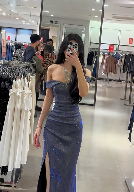 Deep blue off-the-shoulder waist-cinching slim-fit slit long sexy prom dress R7922