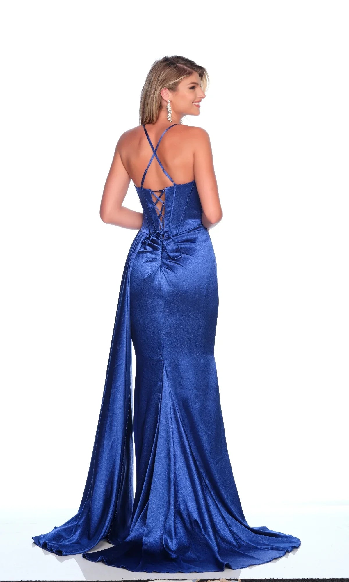 slim shoulder strap with backless side slit and floor length evening dress
