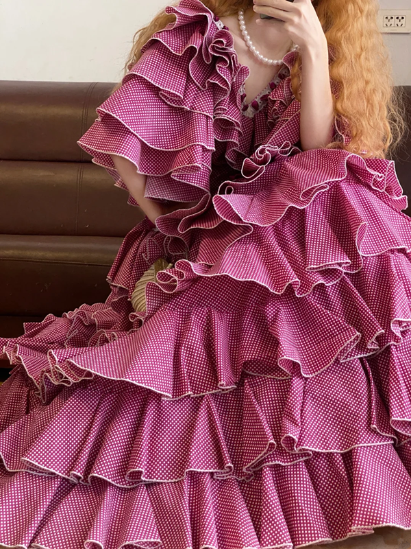 Pink V-neck Waist-Cinched Tiered Skirt Ball Gown & Bridal Gown R7378